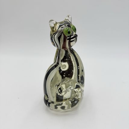 Vintage Art Glass Hand Blown Cat Sculpture Swirling Eyes 6” Murano? Solid