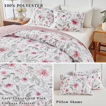 Flysheep Botanical Quilt Set King Size 3 Pieces, Blush Pink and Grey Flowers Pri