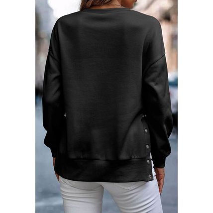 Black Snap Buttons Side Splits Pullover Sweatshirt