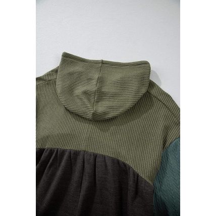 Laurel Green Mixed Textured Colorblock Patchwork Wide Sleeve Frayed High Low Hoo