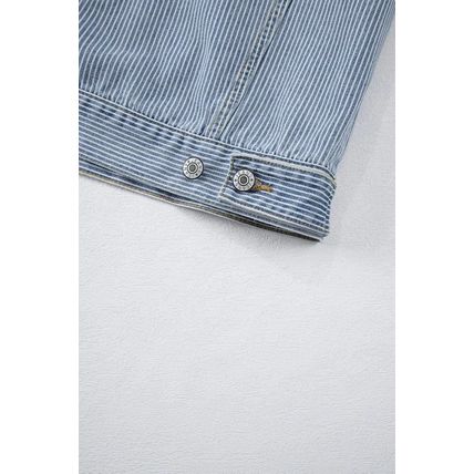 Sky Blue Stripe Washed Oversize Pocketed Denim Jacket