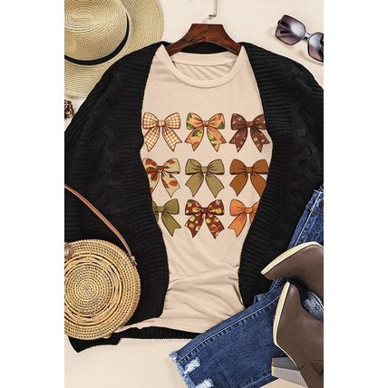 Khaki Halloween Fall Bowknot Graphic Short Sleeve Top