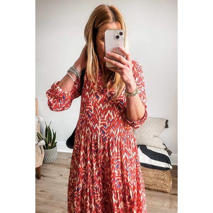 Orange Abstract Print V Neck Pleated High Waist Midi Dress