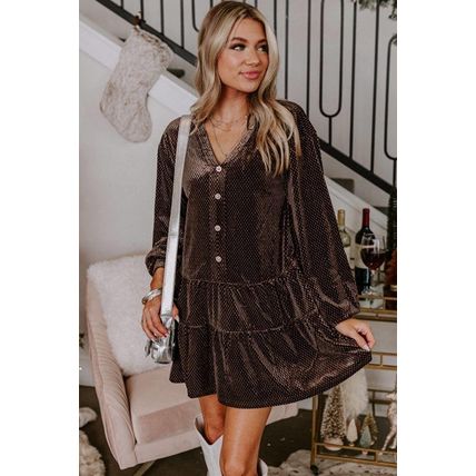 Dark Brown Textured Velvet V Neck Shift Dress