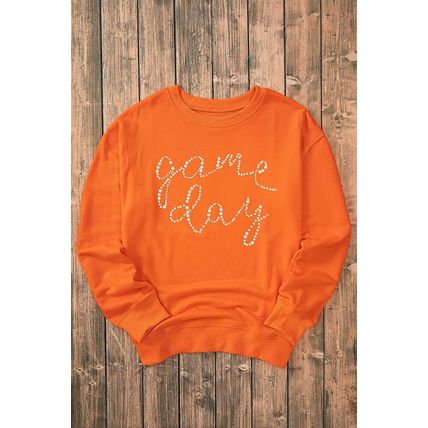Orange Rhinestone game day Pattern Drop Shoulder Sweatshirt