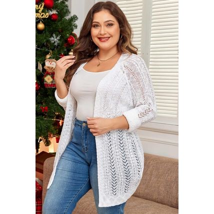 White Plus Size Eyelet Knit Open Front Cardigan