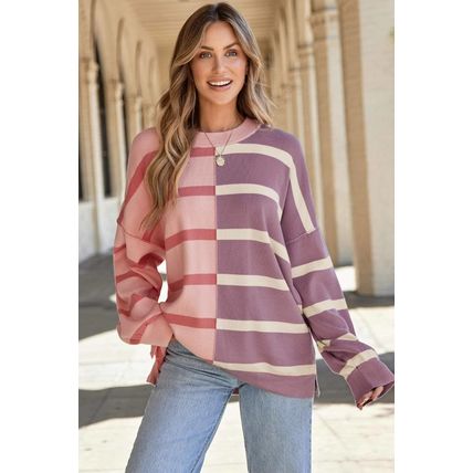 Pink Stripe Colorblock Oversized Sweater