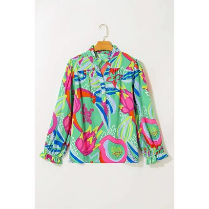 Green Abstract Printed Flounce Sleeve V Neck Buttoned Plus Size Blouse