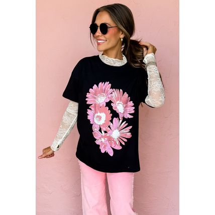 Black Pink Daisy Flower Printed Cotton Blend T Shirt