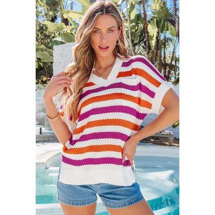 Rose Stripe V Neck Short Sleeve Sweater with Side Slits