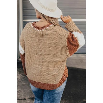 Light French Beige Contrast Stitch Detail Color Block Knitted Plus Size Sweater