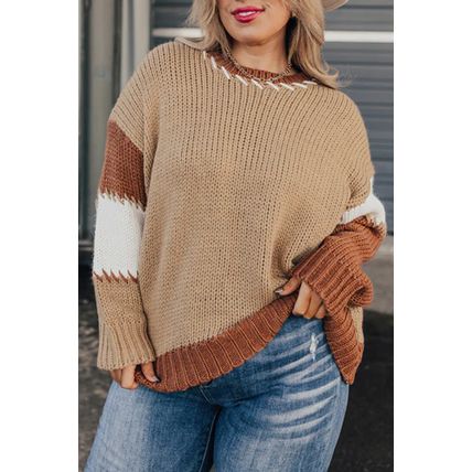 Light French Beige Contrast Stitch Detail Color Block Knitted Plus Size Sweater