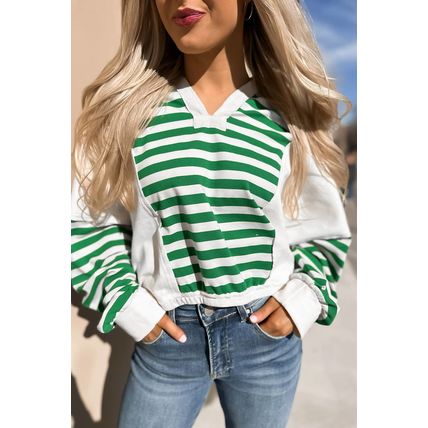 Green Stripe Colorblock Collared V Neck Cropped Knit Pullover