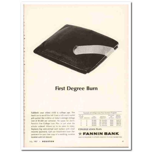 fannin bank 1967 first degree college loan plan financing vintage ad