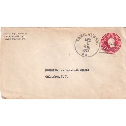 United States 1928 Treichlers PA-Califon NJ Cover Treichlers cancel typed VGC