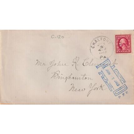 United States 1913 Chalfont PA-Binghamton NY Cover Chalfont cancel written VGC