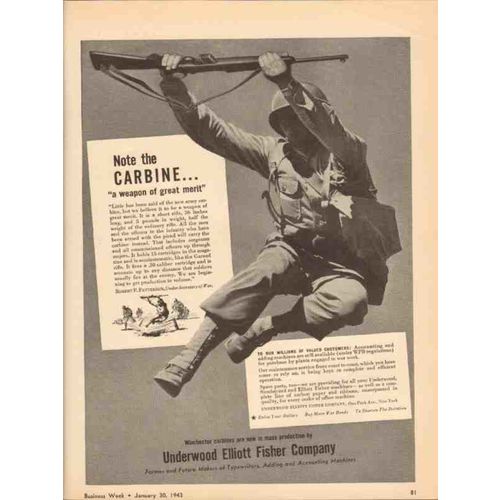 UNDERWOOD ELLIOTT FISHER CO 1943 Carbine weapon great merit vintage ad