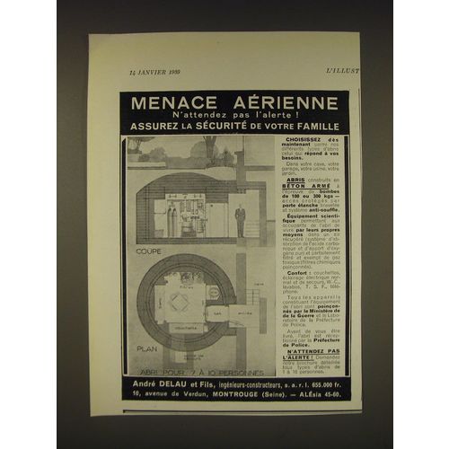 1939 Andre Delaue et Fils Bomb Shelter Ad - in French - Menace Aerienne