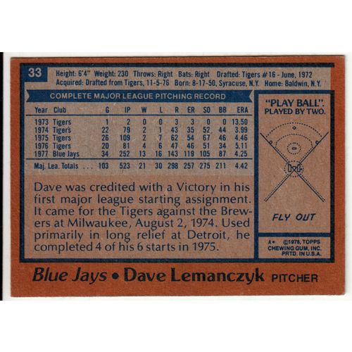 1978 Topps baseball card 33 Dave Lemancsyk – Blue Jays