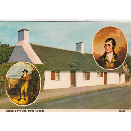 Robert Burns Cottage and portraits Postcard 1980 used VGC