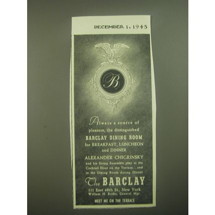 1945 The Barclay Hotel Ad - Always a source of pleasure