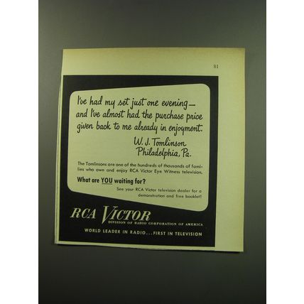 1949 RCA Victor Television Ad - I've had my set just one evening