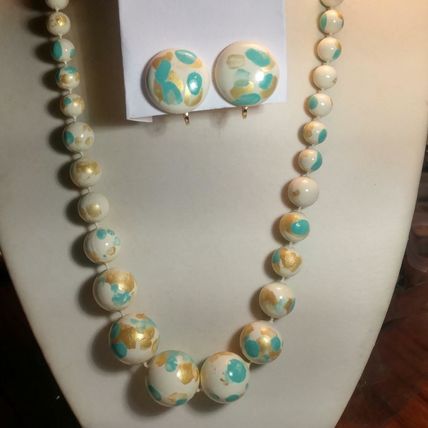 Vintage Painted Necklace Clip On Earring Set 2 Aqua Gold Splash Painted Beads