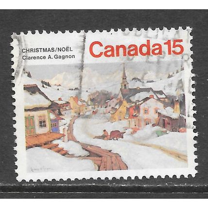 CANADA CAGNON VILLAGE SNOW SCENE SLED WALKWAY CHURCH SPIRE MOUNTAINS 15c USED