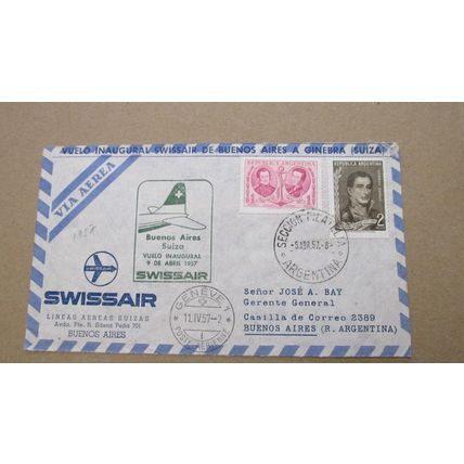 1957 Argentina Postal Cover - Swissair Airline Maiden Flight to Buenos Aires