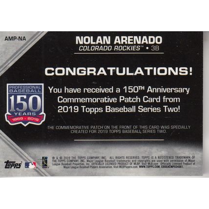 NOLAN ARENADO 150TH YEAR ANNIVERSARY PATCH 2019 AUTOGRAPHED COLORADO ROCKIES 3B