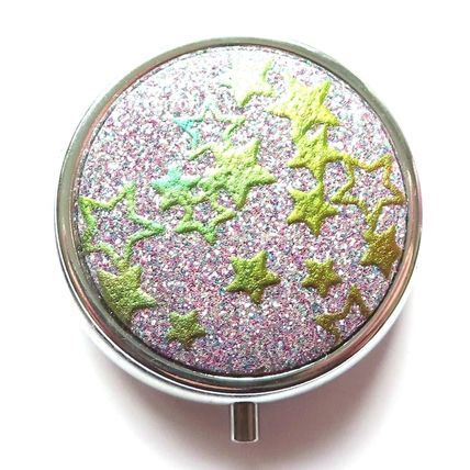 Green Glitter Stars Pill Box Round 2 CM Collectable Storage Gift
