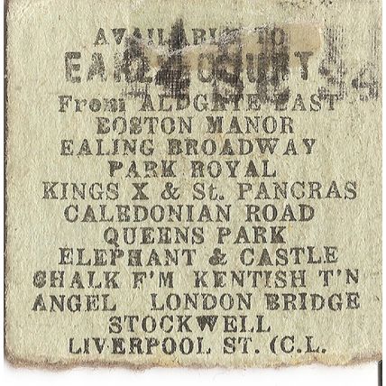 London Transport Edmondson Ticket - From any One station on back to Earls Court