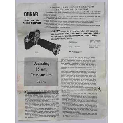 Ohnar Reverser Slide Copier Model SR Serial No 65022