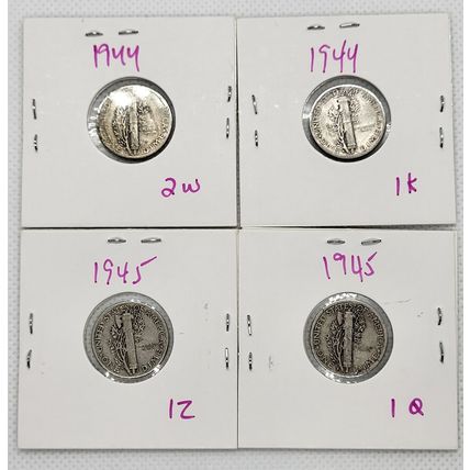 Silver Mercury Dimes 1944 (2), 1945 (2) Coins Lot of 4