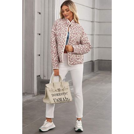 Pink Floral Print Contrast Edge Stand Neck Coat