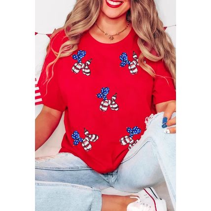 Red Sequin Stars and Stripes Balloon Puppy Graphic Crewneck Tee