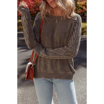 Dark Brown Contrast Cable Knit Sleeve Casual Sweater