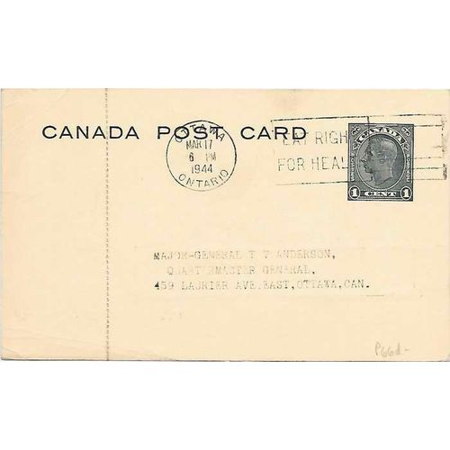 Canada #P66d Postal Card George VI USED 1944 Private Perforation Ottawa Slogan