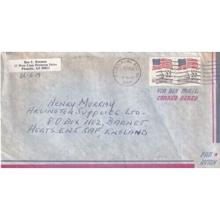United States 1988 Phoenix AZ-Barnet UK Air Mail Cover Phoenix AZ cancel written