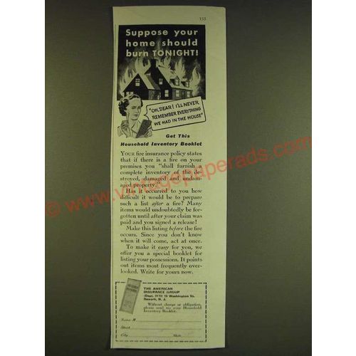 1939 American Insurance Group Ad - Suppose your home should burn tonight