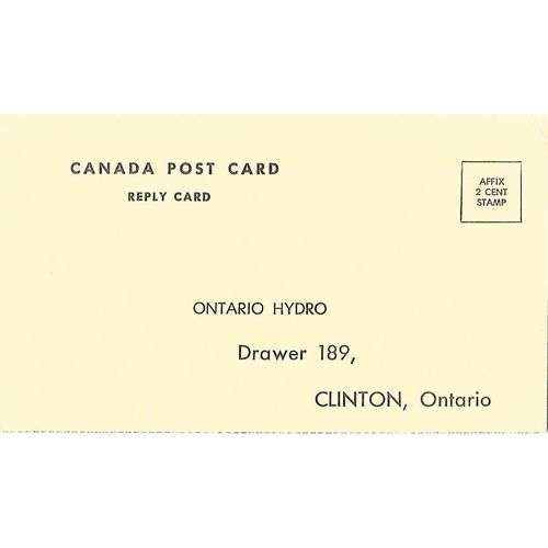 Canada Blank Post Card MINT Ontario Hydro REPLY Card, Clinton ONT