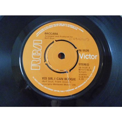7" 1977, BACCARA . YES SIR I CAN BOOGIE .RCA PB 5526. CARA MIA . NEAR MINT