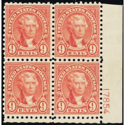 590, VF LH 9¢ Fresh Plate Block of Four Stamps Cat $150.00 - Stuart Katz