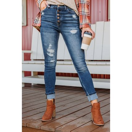 Blue Distressed Button Fly High Waist Skinny Jeans