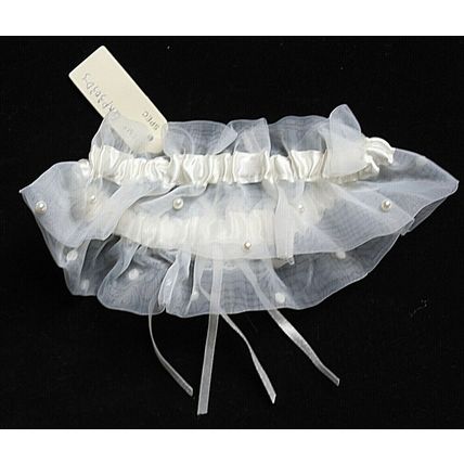 Cream Organza & Ribbon Wedding Garter Decorated with Faux Pearls
