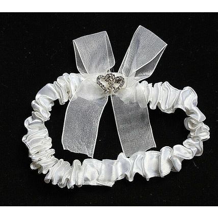 White Satin Ribbon Wedding Garter Decorated with a Bow & Rhinestone Hearts