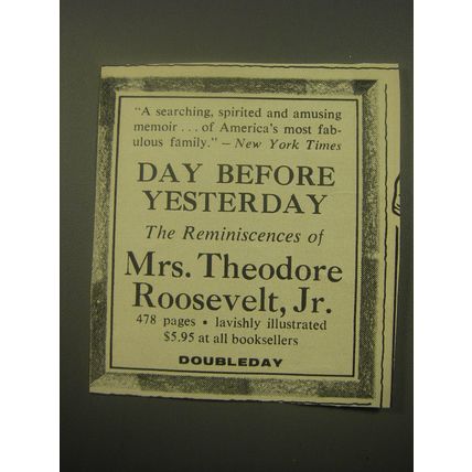 1959 Doubleday Book Ad - Day Before Yhesterday by Mrs. Theodore Roosevelt, Jr.