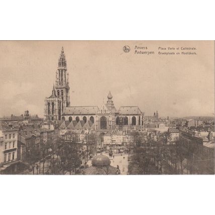 Antwerpen Groenplaats En Hoofdkerk Place Verte Et Cathedrale Belgium Postcard