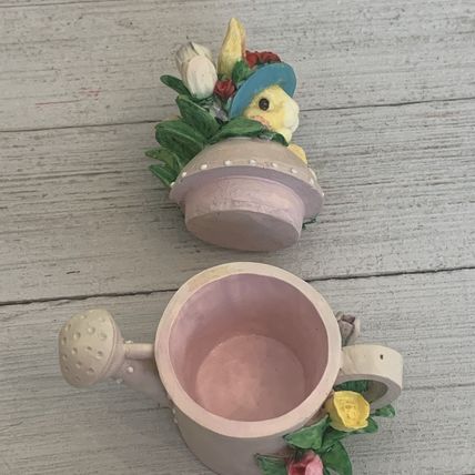 Vintage Bunny Rabbit Watering Can Lidded Trinket Box Tulips Roses Sun Bonnet Hat