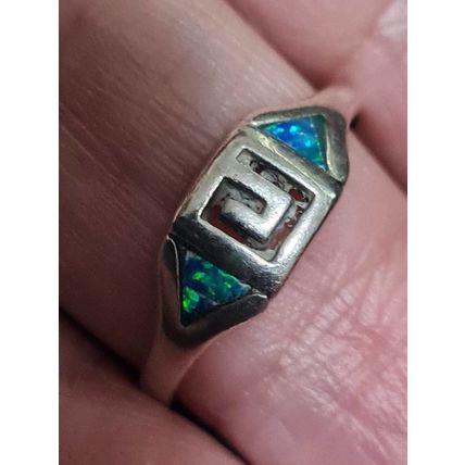 Vintage 1970-s Blue Opal 925 Sterling Silver Ring Size UK R 1/2, US 8 3/4